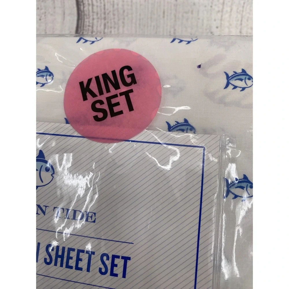 Southern Tide Skipjack Sheet Set King White Blue 100% Cotton Percale Coastal